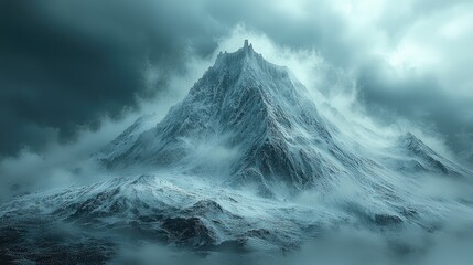 Majestic snow-covered mountain peak surrounded by swirling clouds and misty atmosphere