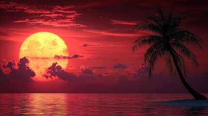 Serene sunset over calm waters with a palm tree silhouette against a vibrant sky