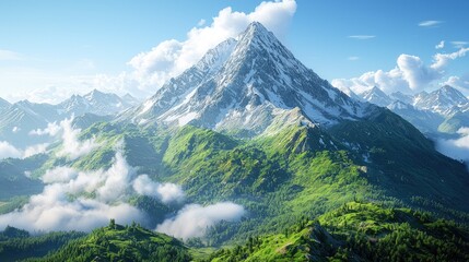 Majestic snow-capped mountain towering over lush green valleys and clouds under a clear sky