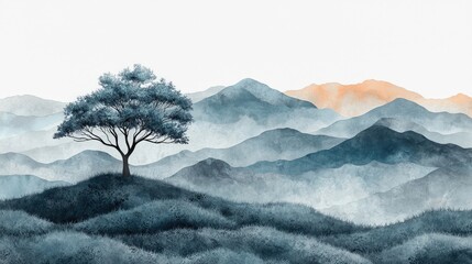 Serene landscape featuring a solitary tree amidst rolling blue mountains and soft orange hues