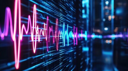 Neural symphony, futuristic visualization of AI composing music, abstract sound waves glowing in neon hues, sci-fi cyberpunk aesthetic