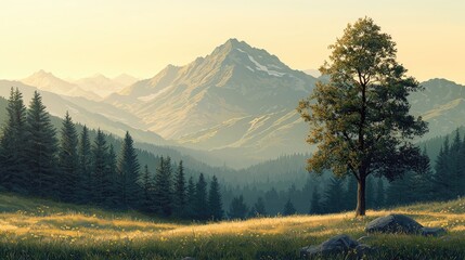 Serene mountain landscape at sunrise with lush greenery and distant peaks under soft light