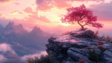 Serene sunset over majestic mountains with a vibrant pink tree atop a rocky cliff