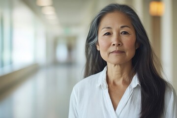 Portrait of a Serene Asian Woman in a Modern Hallway
