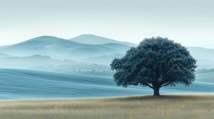 Serene landscape featuring a solitary tree in a misty field with rolling hills in the background