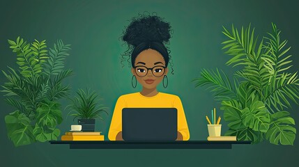 Young woman working on a laptop surrounded by lush plants in a serene workspace setting