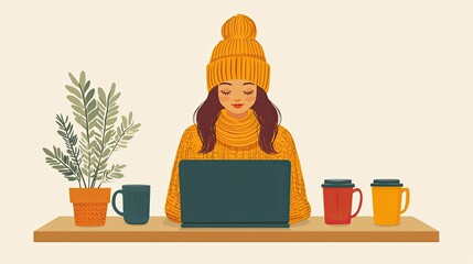 Woman in a cozy sweater and hat working on a laptop at a desk with plants and coffee cups