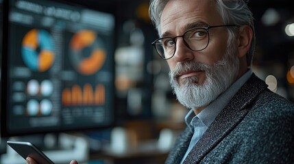 Mature businessman analyzing data on smartphone in modern office with digital charts in background
