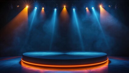 Illuminated stage with round platform, spotlights, and smoke.