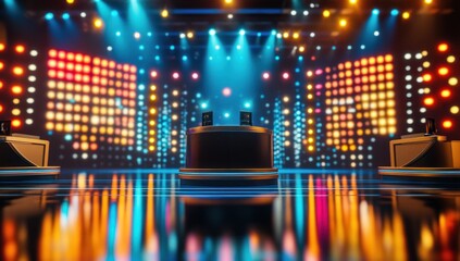 Illuminated stage with vibrant LED lights, DJ booth, and reflective floor.