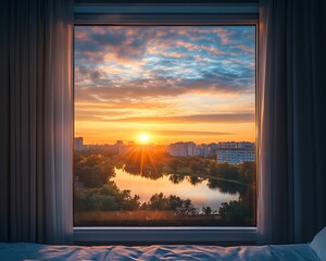 Sunrise city view from bedroom window