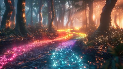 Magical Forest Pathway with Colorful Lights