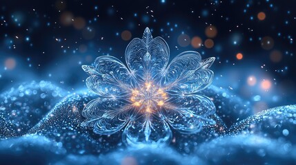 Intricate ice crystal flower glimmers amidst a sparkling blue background with soft bokeh lights