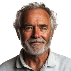 Obraz premium Smiling older man portrait with soft lighting, detailed facial expression, AI-generated illustration, isolated on transparent or white background, png