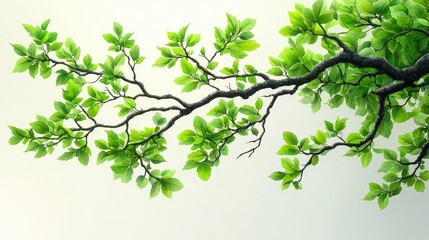 Lush green branches with vibrant leaves extending against a soft, light background, symbolizing growth
