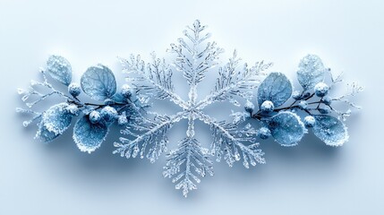 Frosted leaves and snowflake arrangement on a light background, evoking winter's beauty and tranquility