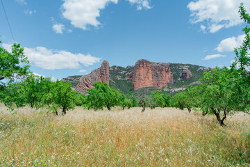 Maravilla natural conocida como los Mallos de Riglos un día soleado con cielo azul y nubes. Desde Riglos, los pirineos, Huesca, Aragón, España, Europa.