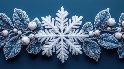 Frosted snowflake centerpiece adorned with icy leaves and berries on a blue background