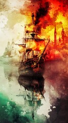 Fiery Shipwreck Amidst a Burning Cityscape