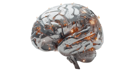 Metallic artificial intelligence brain processing data on transparent background