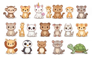 Fototapeta premium Cute Cartoon Animals Illustration Featuring Monkey Lion Unicorn Giraffe and More