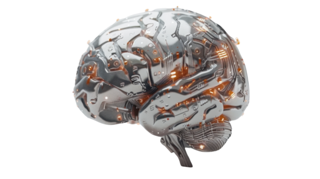Metallic artificial intelligence brain processing data on transparent background - Powered by Adobe