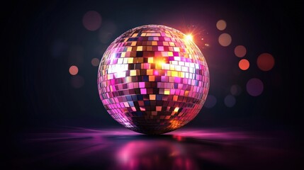 Obraz premium Disco ball reflecting colorful lights on a dark background creating a vibrant dance atmosphere