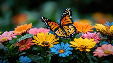 Obraz premium A vibrant butterfly perched on colorful flowers in a lush garden, showcasing nature's beauty
