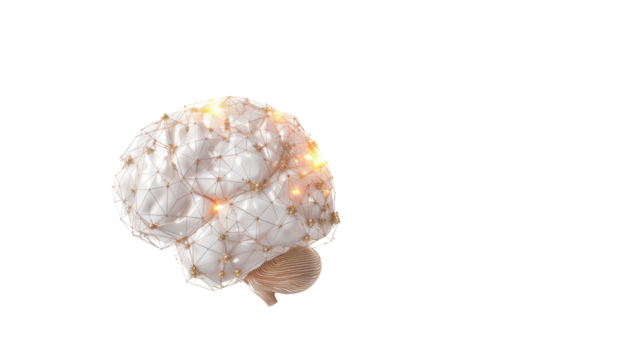 White artificial intelligence brain processing data with golden connections on transparent background