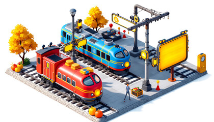 Naklejka premium Autumnal Train Station: Charming Low-Poly Train Scene