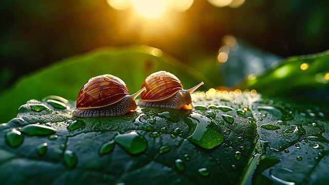 Two snails on a dewy leaf at sunrise