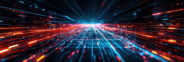 Fototapeta premium Space-time grid with glowing digital pathways, visualization of AI analyzing astrophysical data, high-tech cosmic exploration background