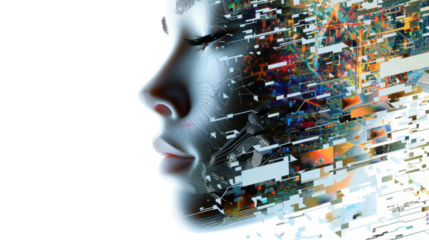 Artificial intelligence woman face emerging from technological data flow on transparent background