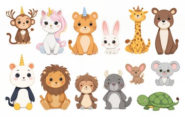 Obraz premium Cartoon Animals Collection Sitting Cute Unicorn Monkey Lion Bear Giraffe