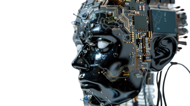 Artificial intelligence humanoid robot showing circuit board brain on transparent background