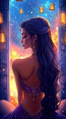 Fototapeta premium Serene Princess at Dusk Dreamlike Portrait of a Woman in Purple Attire