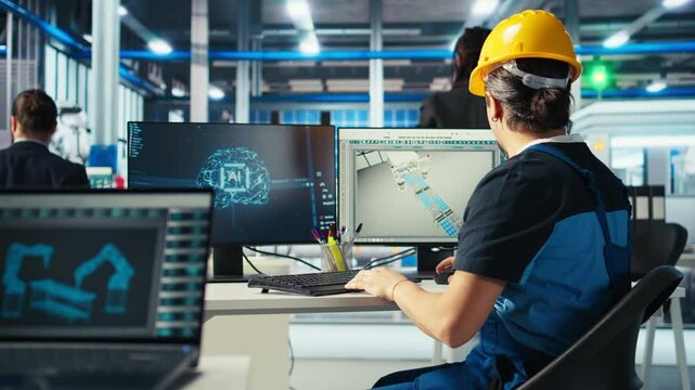 Photovoltaics factory engineer using artificial intelligence to monitor performance of robot arms placing solar panels on assembly lines. Expert using AI tech to inspect solar plant machinery