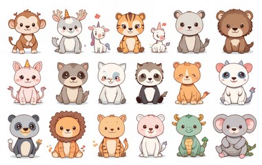 Cartoon Animal Characters Sitting Collection Cute Monkey Bear Tiger Dragon
