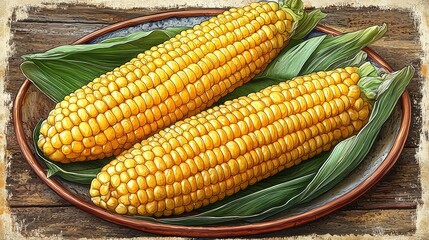 Freshly harvested corn on a rustic wooden table, showcasing vibrant yellow kernels and green husks