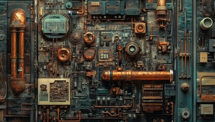Intricate steampunk circuit board design with copper pipes and aged components.