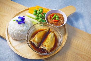 Traditional Thai Meal with Fish Sauce, Fresh Vegetables, and Rice