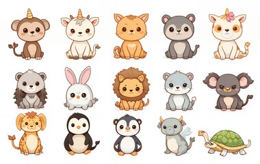 Cute Cartoon Animal Collection Featuring Monkey, Unicorn, Lion and More