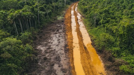 Fototapeta premium Environmentally disturbed landscape shows muddy road cutting through dense tropical rainforest in a clearing with visible deforestation signs during daylight