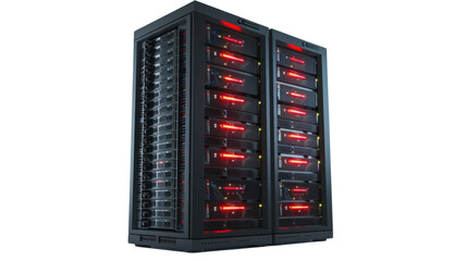 Two server racks blinking red lights on transparent background