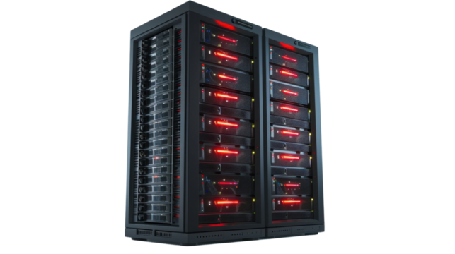 Two server racks blinking red lights on transparent background - Powered by Adobe