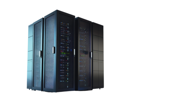 Server racks blinking and processing data on transparent background