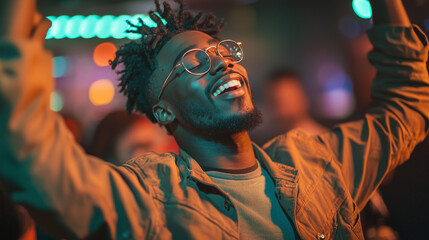 man enjoying nightlife with colorful lights 