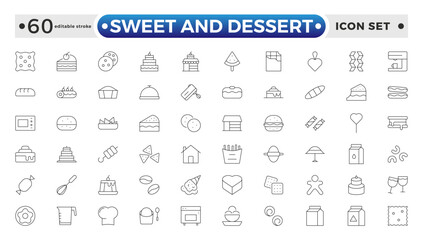 Sweet and Dessert outline icon set Containing Honey Jar, Toffee, Swirl, Birthday Cake, Chocolate Bar, Piece Of Cake, Cookie, Donuts, Cake Slice, Brigadeiro. Editable stroke outline icon.