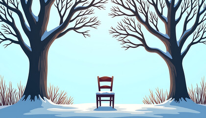 An empty chair under bare winter trees: a symbol of longing and absence, creating an atmosphere of loneliness and reflection
