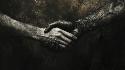 Artistic representation of a grunge style handshake symbolizing unity and conflict in a dark setting. Generative AI